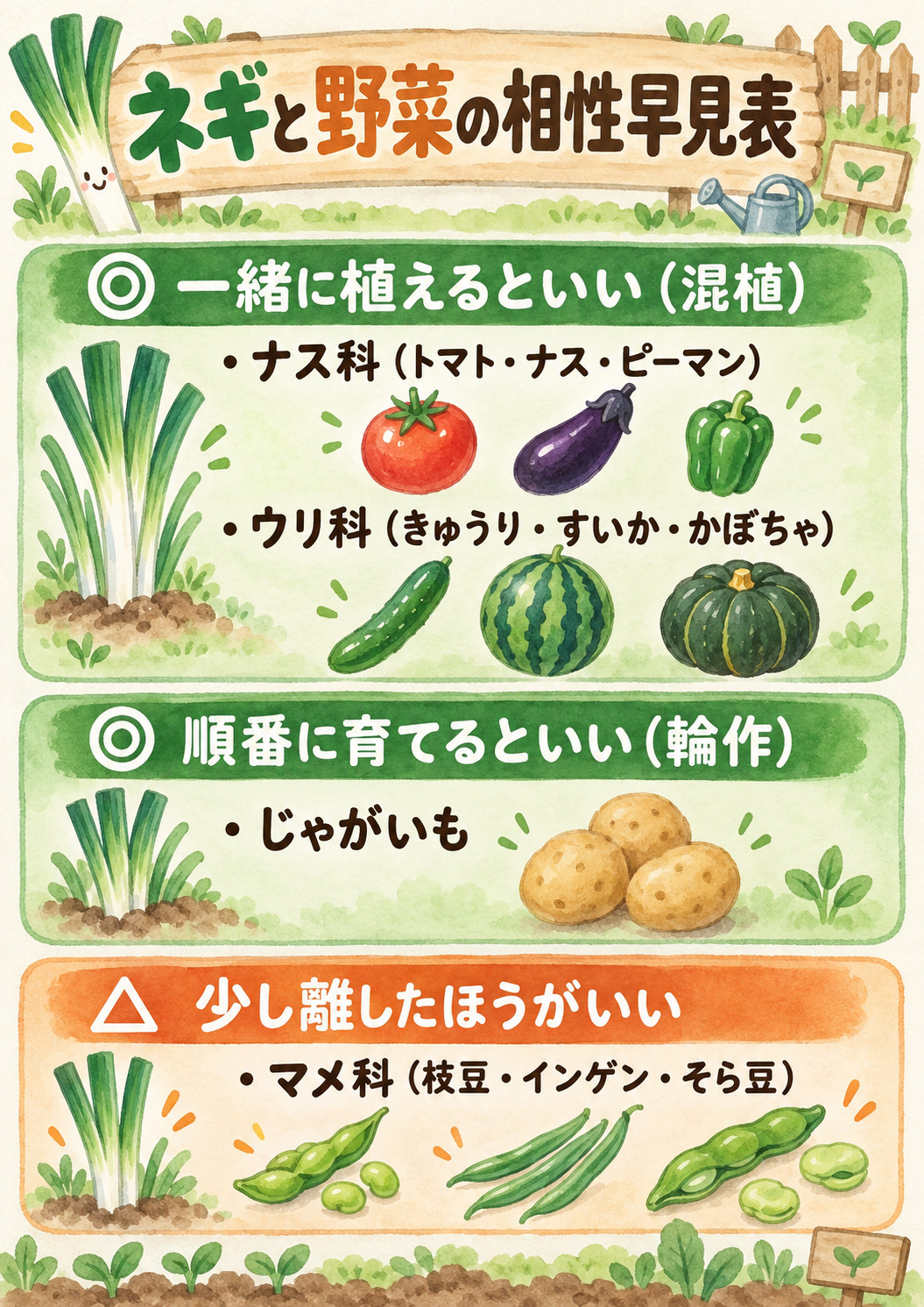 ネギと野菜の相性早見表(ナス科・ウリ科・じゃがいも・マメ科)