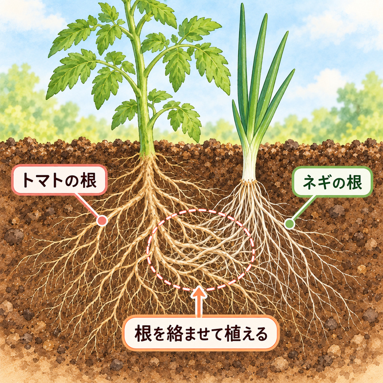 トマトとネギの根を絡ませて植える断面図